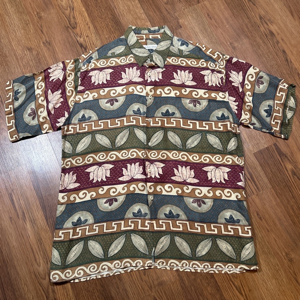 Burma Bibas Hawaiian Shirt Mens L Floral Button Up Tropical Silk 90s Aztec